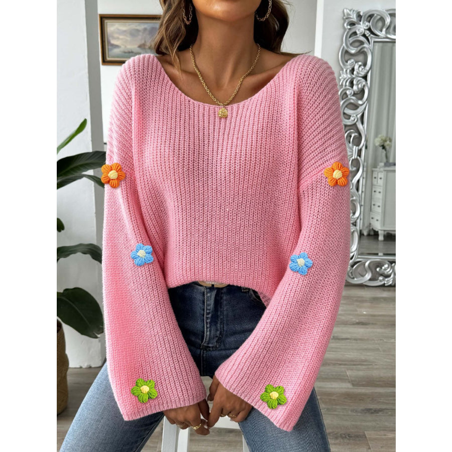 Flower Round Neck Long Sleeve Sweater Dusty Pink / S Apparel and Accessories