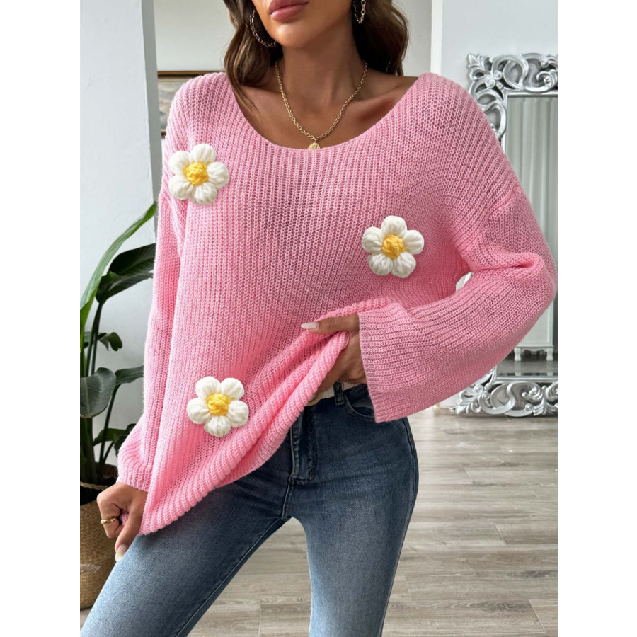 Flower Round Neck Long Sleeve Sweater Dusty Pink / S Apparel and Accessories