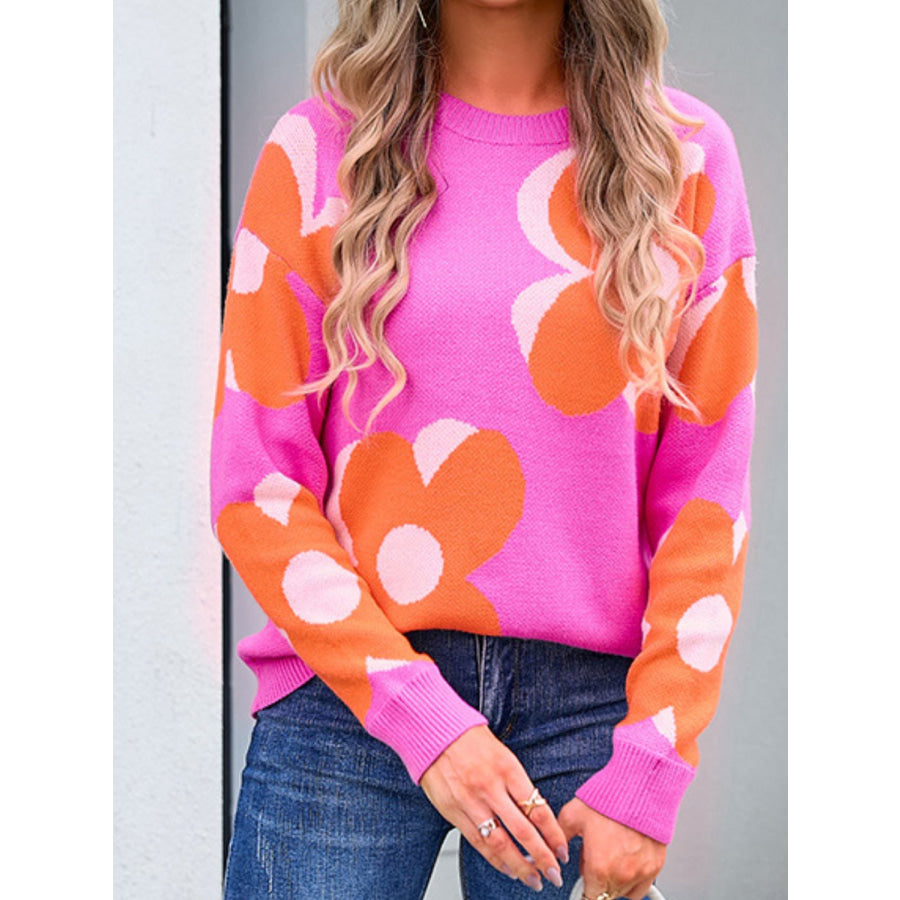 Flower Round Neck Long Sleeve Sweater Fuchsia Pink / S Apparel and Accessories