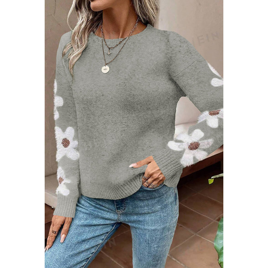 Flower Round Neck Long Sleeve Sweater Gray / S Apparel and Accessories