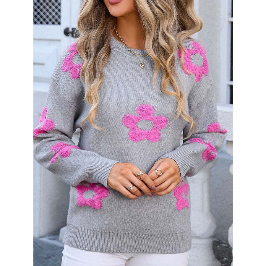 Flower Round Neck Long Sleeve Sweater Gray / S Apparel and Accessories