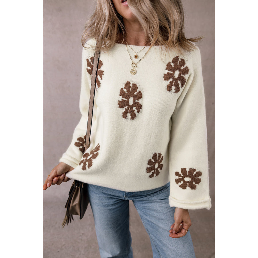 Flower Round Neck Long Sleeve Sweater Ivory / S Apparel and Accessories