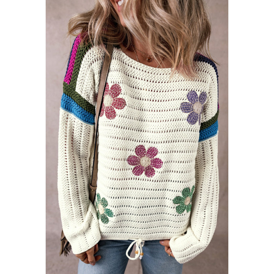 Flower Round Neck Long Sleeve Sweater Ivory / S Apparel and Accessories