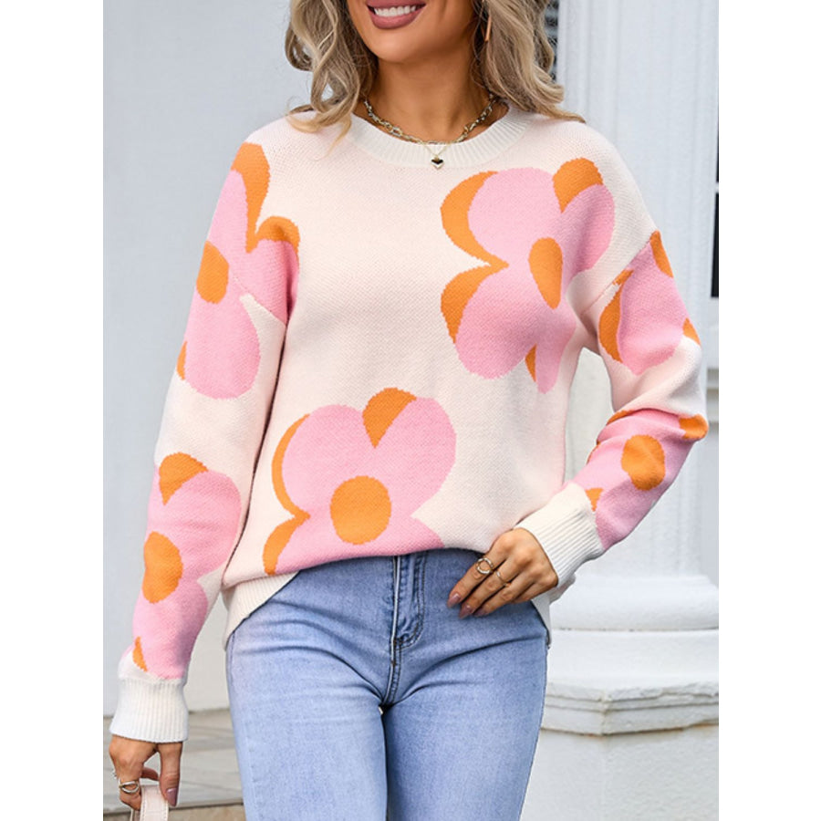 Flower Round Neck Long Sleeve Sweater Ivory / S Apparel and Accessories