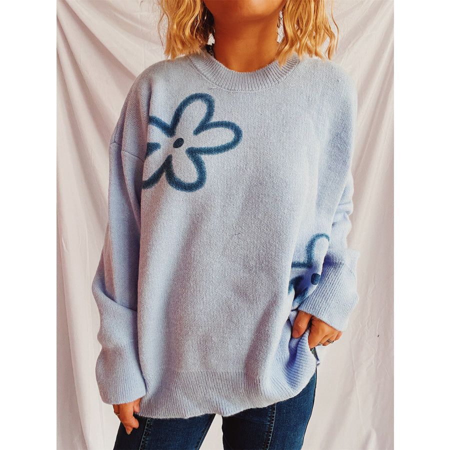 Flower Round Neck Long Sleeve Sweater Light Blue / One Size Apparel and Accessories