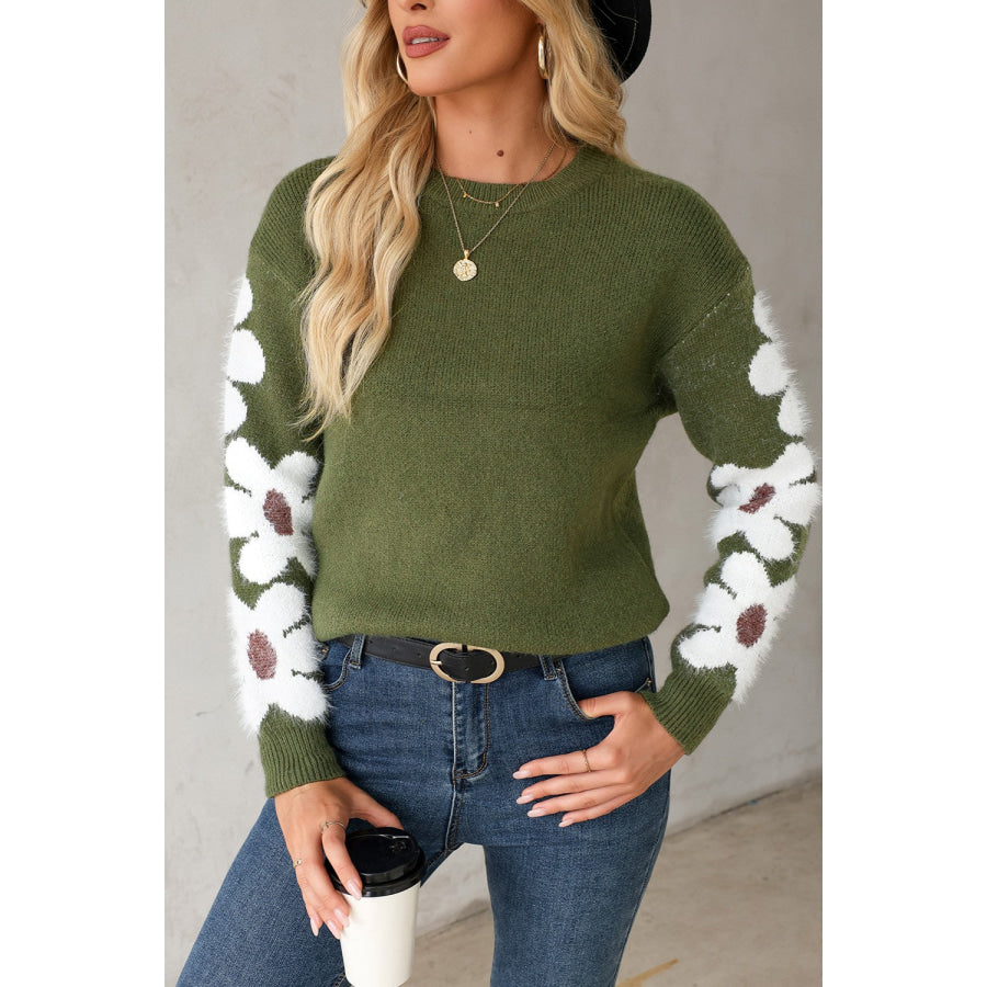 Flower Round Neck Long Sleeve Sweater Moss / S Apparel and Accessories