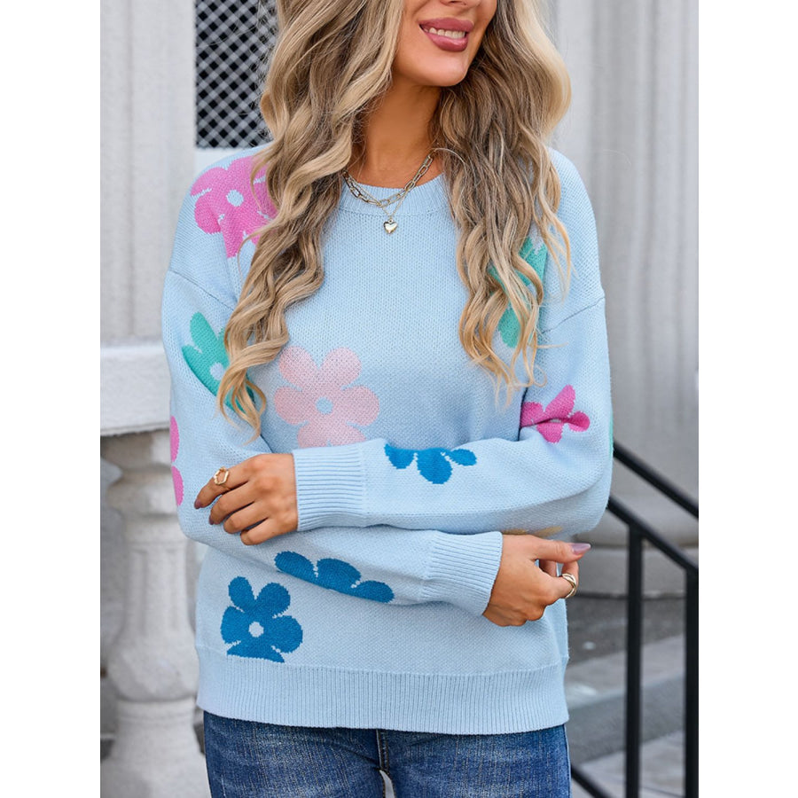 Flower Round Neck Long Sleeve Sweater Pastel Blue / S Apparel and Accessories