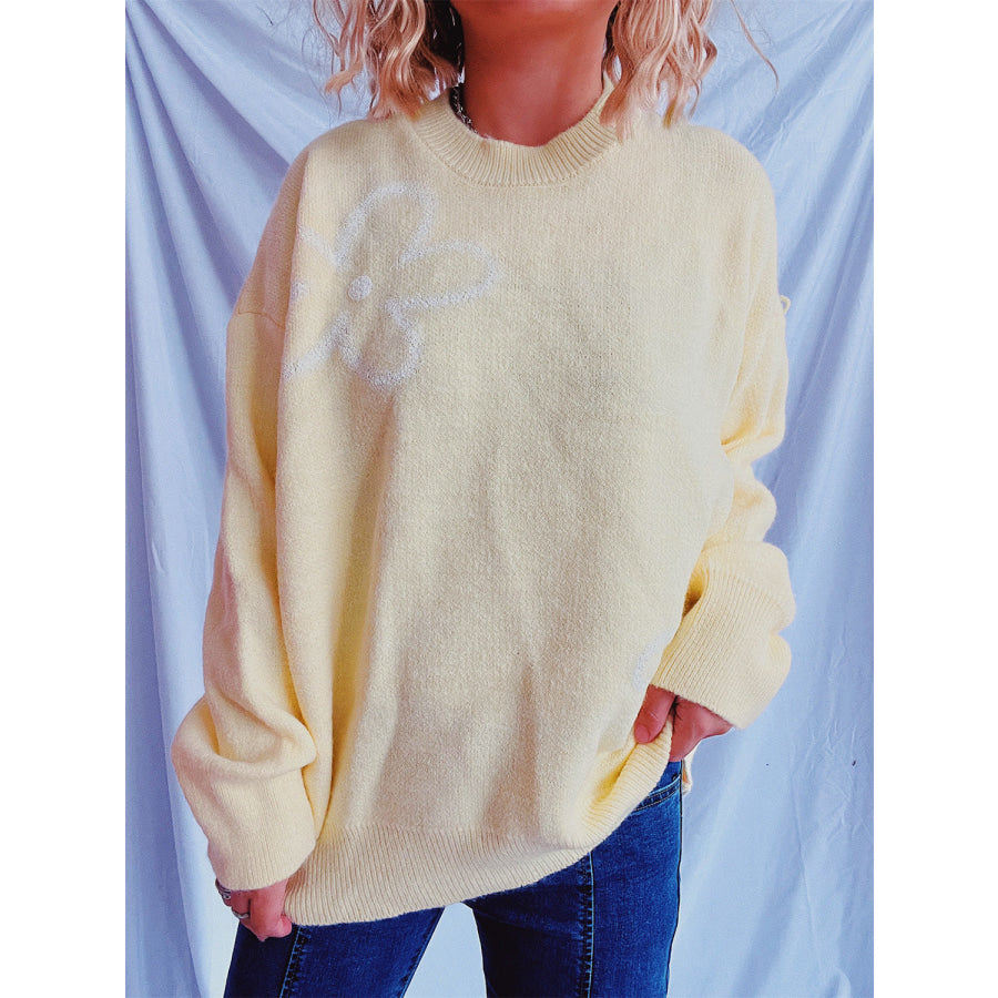 Flower Round Neck Long Sleeve Sweater Pastel Yellow / One Size Apparel and Accessories