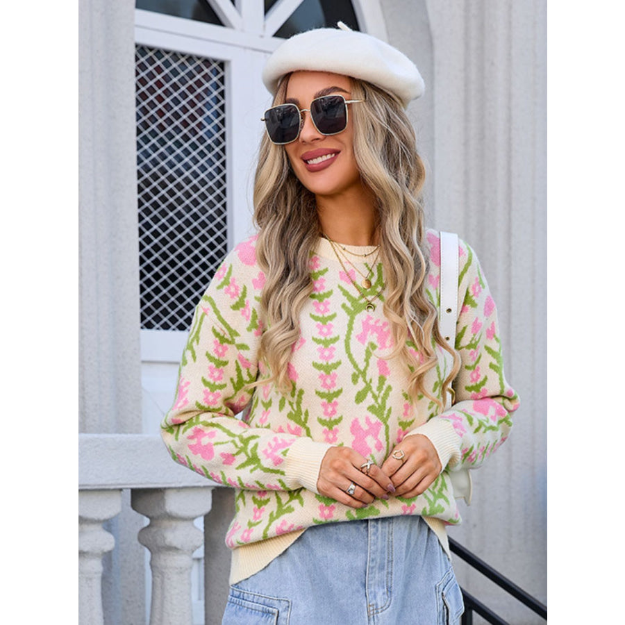 Flower Round Neck Long Sleeve Sweater Pastel Yellow / S Apparel and Accessories