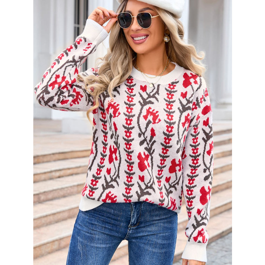 Flower Round Neck Long Sleeve Sweater Scarlet / S Apparel and Accessories