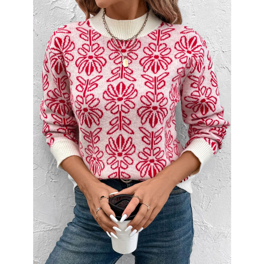 Flower Round Neck Long Sleeve Sweater Scarlet / S Apparel and Accessories