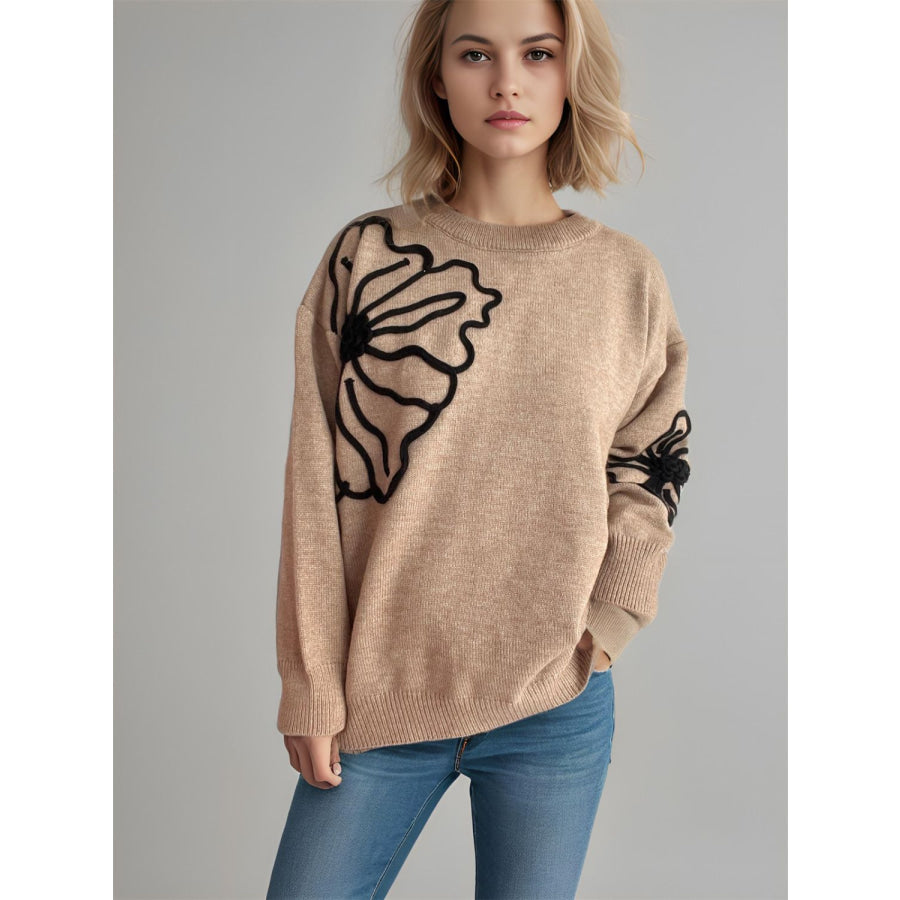 Flower Round Neck Long Sleeve Sweater Tan / One Size Apparel and Accessories