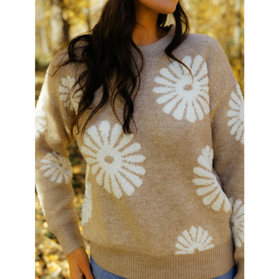 Flower Round Neck Long Sleeve Sweater Tan / S Apparel and Accessories