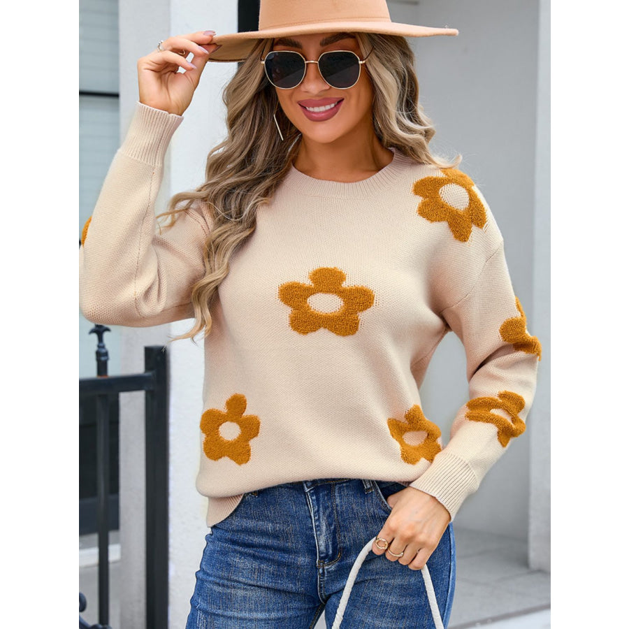 Flower Round Neck Long Sleeve Sweater Tan / S Apparel and Accessories