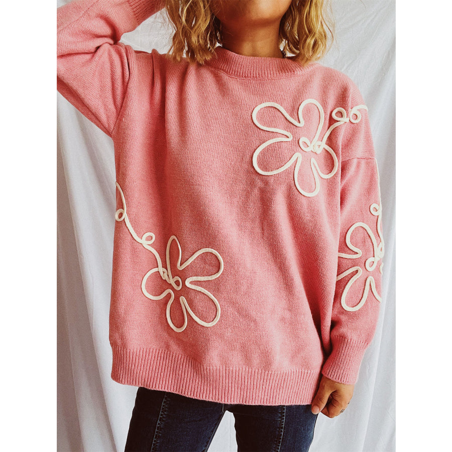 Flower Round Neck Long Sleeve Sweater Watermelon pink / One Size Apparel and Accessories