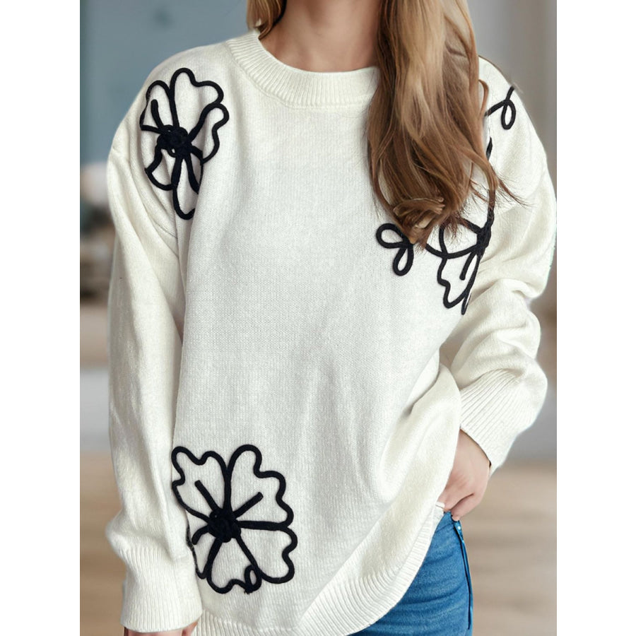 Flower Round Neck Long Sleeve Sweater White / One Size Apparel and Accessories