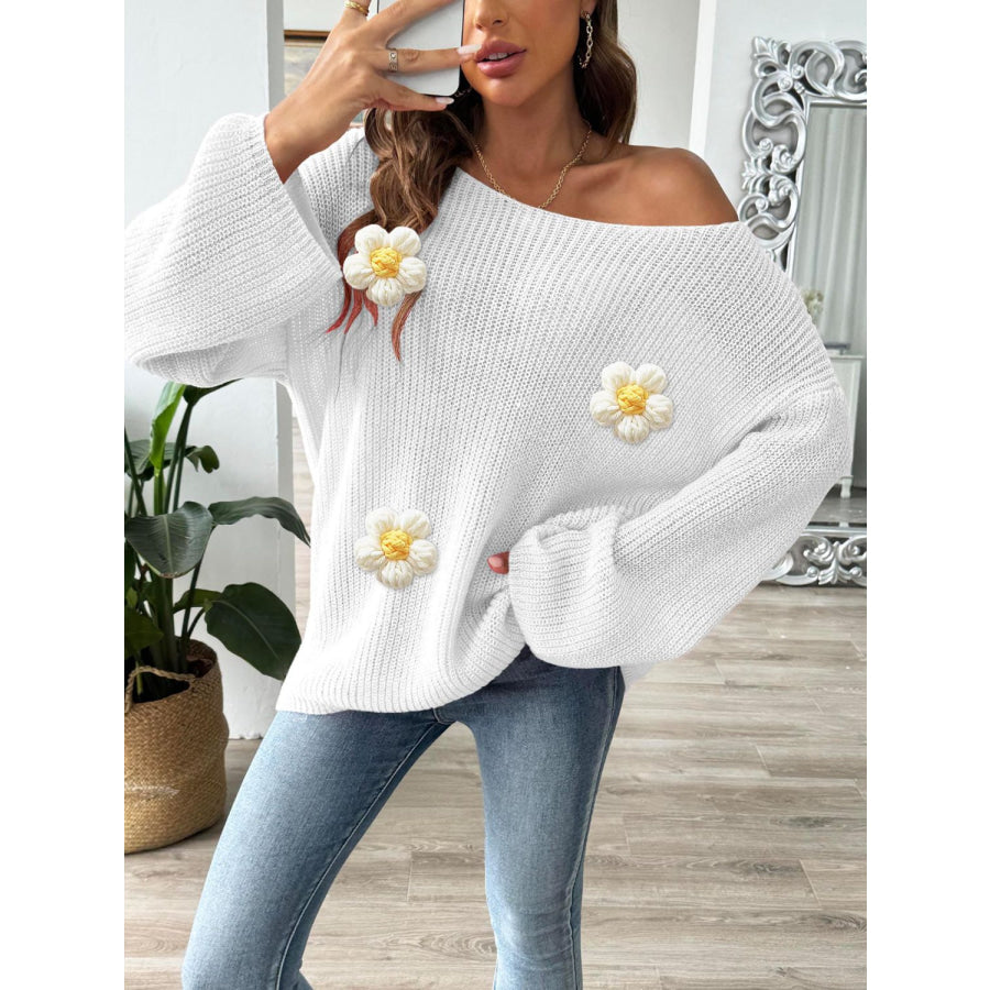 Flower Round Neck Long Sleeve Sweater White / S Apparel and Accessories