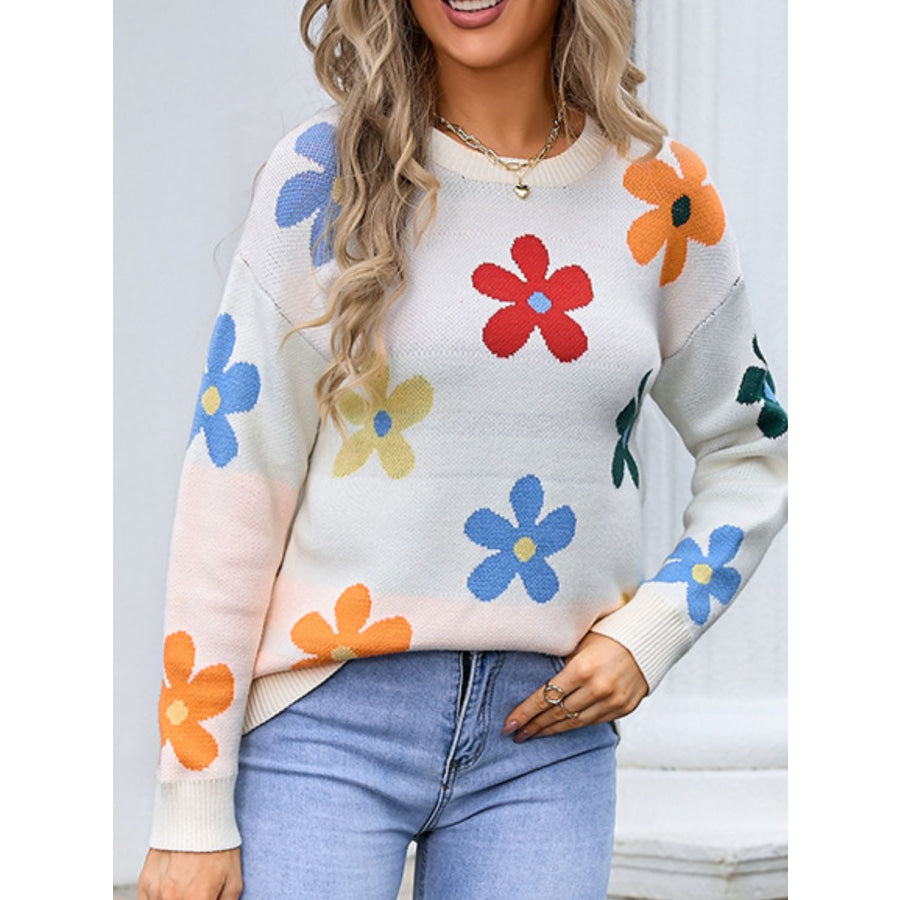 Flower Round Neck Long Sleeve Sweater White / S Apparel and Accessories