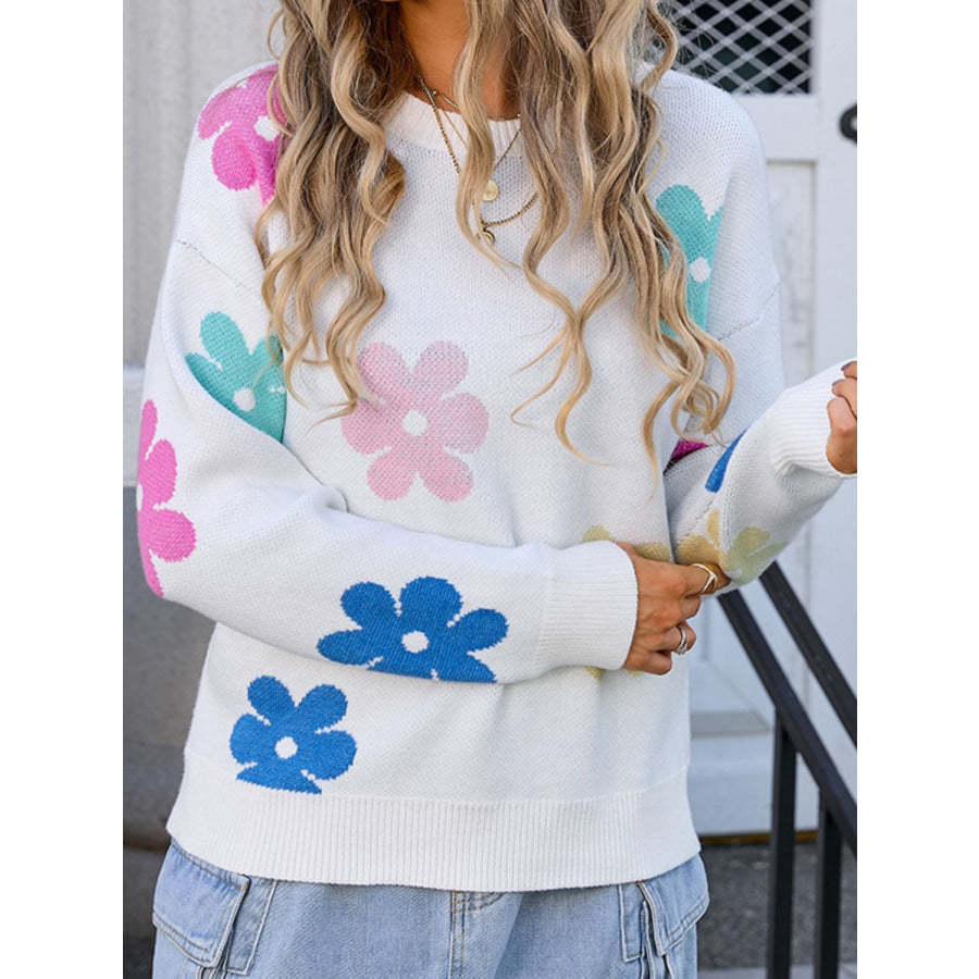 Flower Round Neck Long Sleeve Sweater White / S Apparel and Accessories