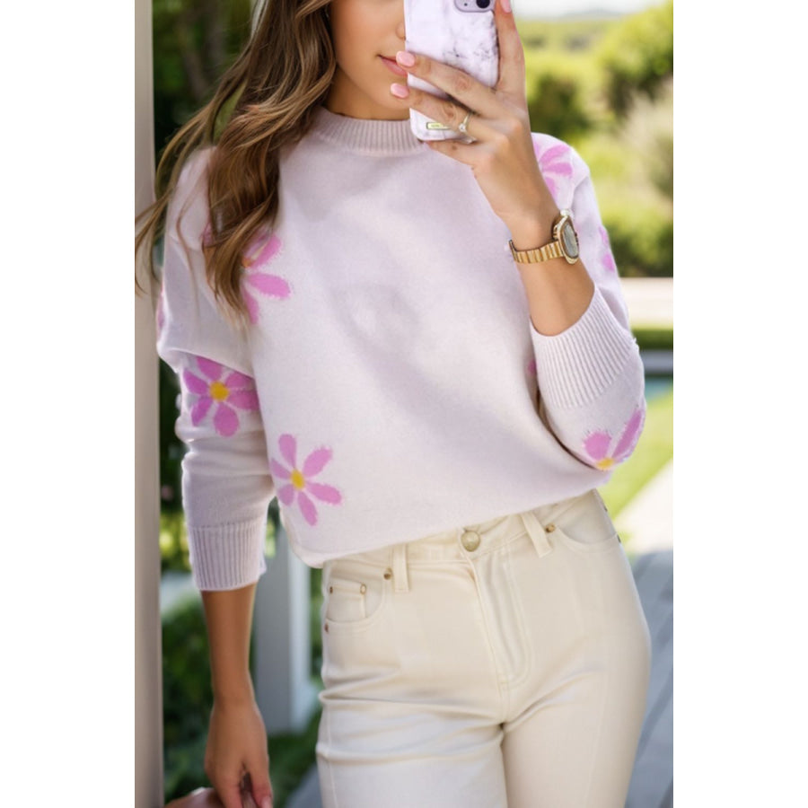 Flower Round Neck Long Sleeve Sweater White / S Apparel and Accessories