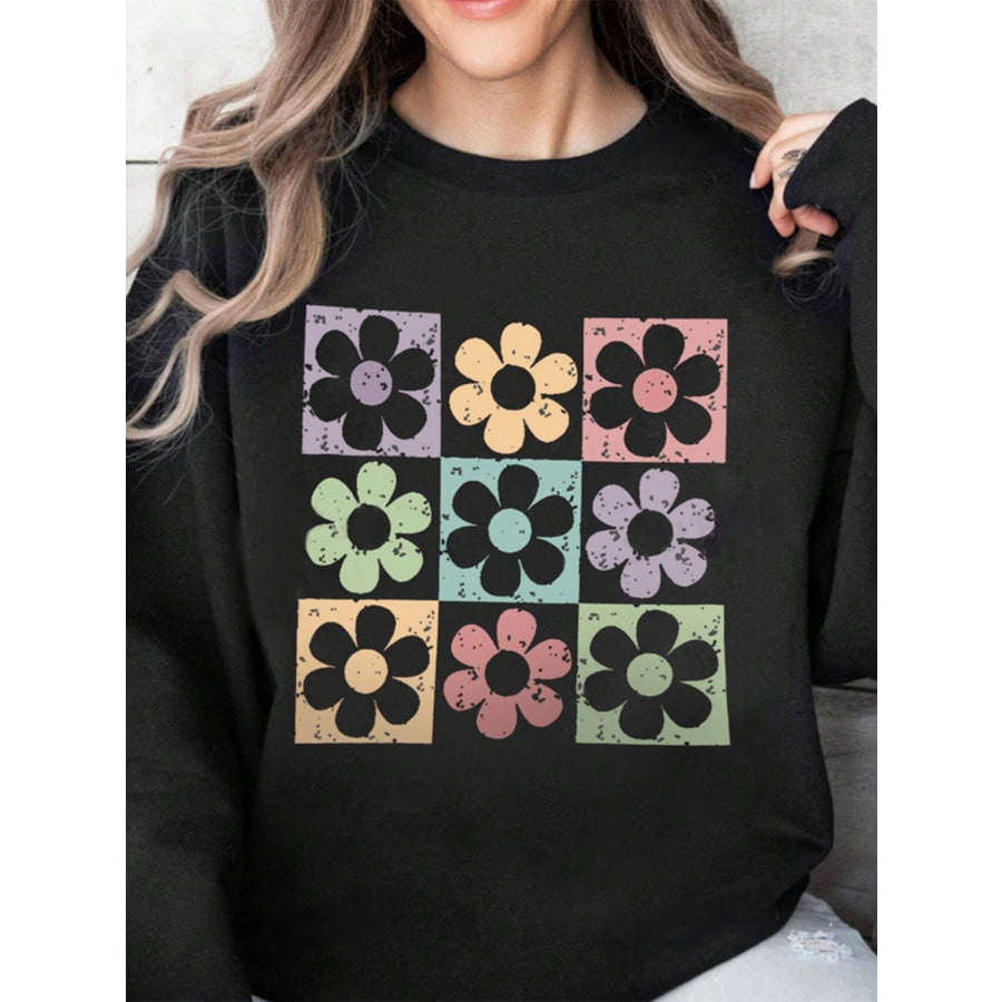 Flower Round Neck Long Sleeve Sweatshirt Black / S Apparel and Accessories