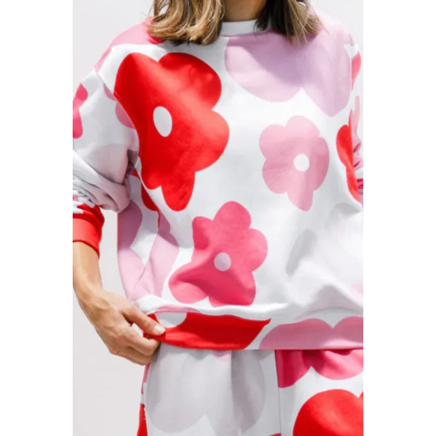 Flower Round Neck Long Sleeve Top and Pants Lounge Set Apparel and Accessories