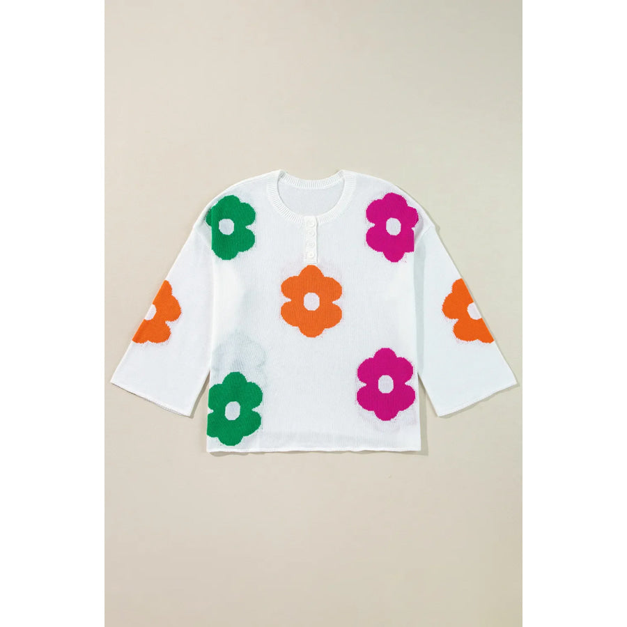 Flower Round Neck Quarter Button Knit Top Apparel and Accessories