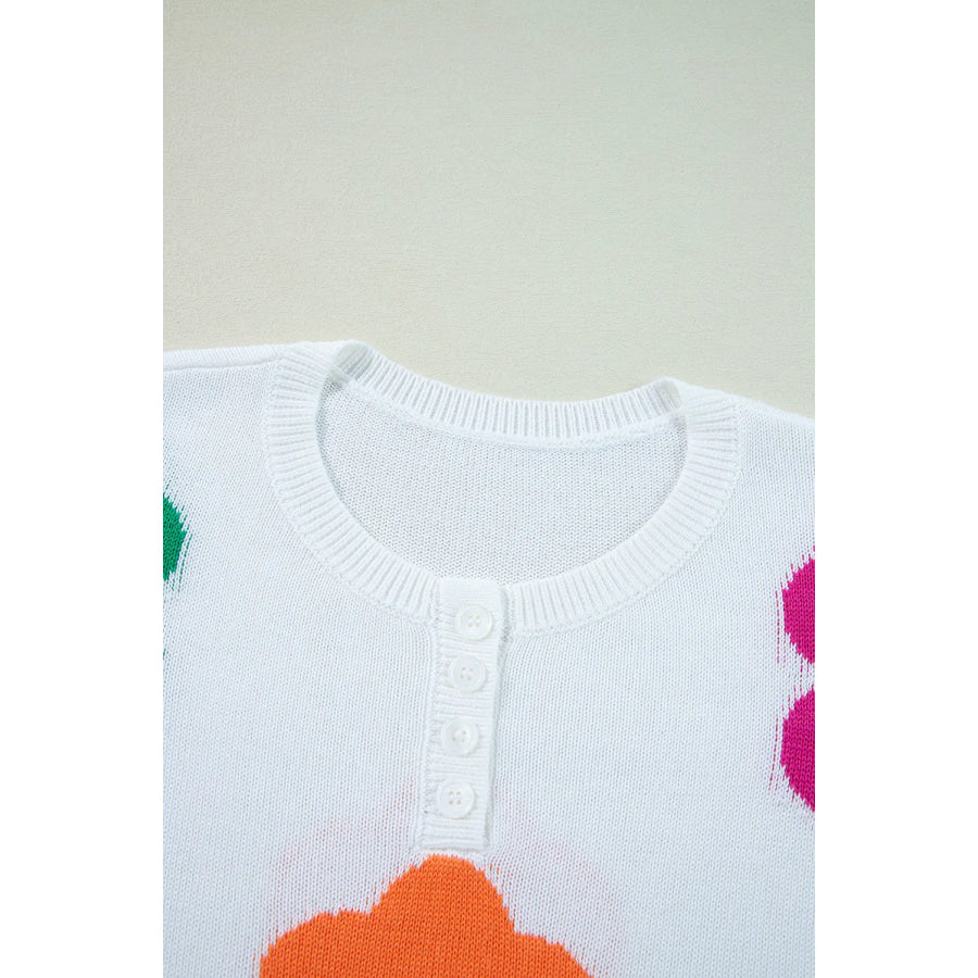 Flower Round Neck Quarter Button Knit Top Apparel and Accessories