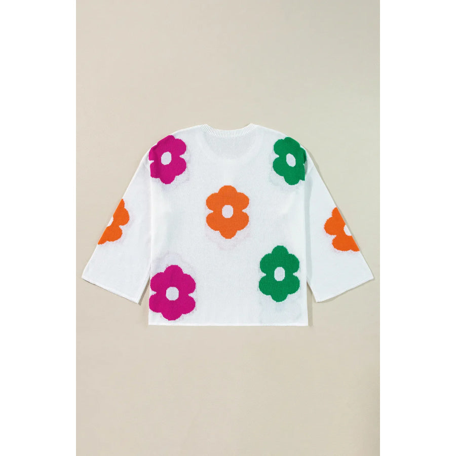 Flower Round Neck Quarter Button Knit Top Apparel and Accessories