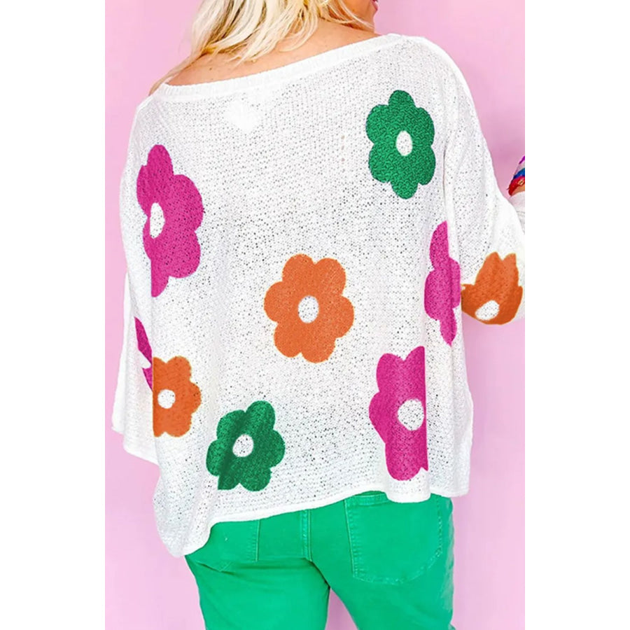 Flower Round Neck Quarter Button Knit Top White / S Apparel and Accessories