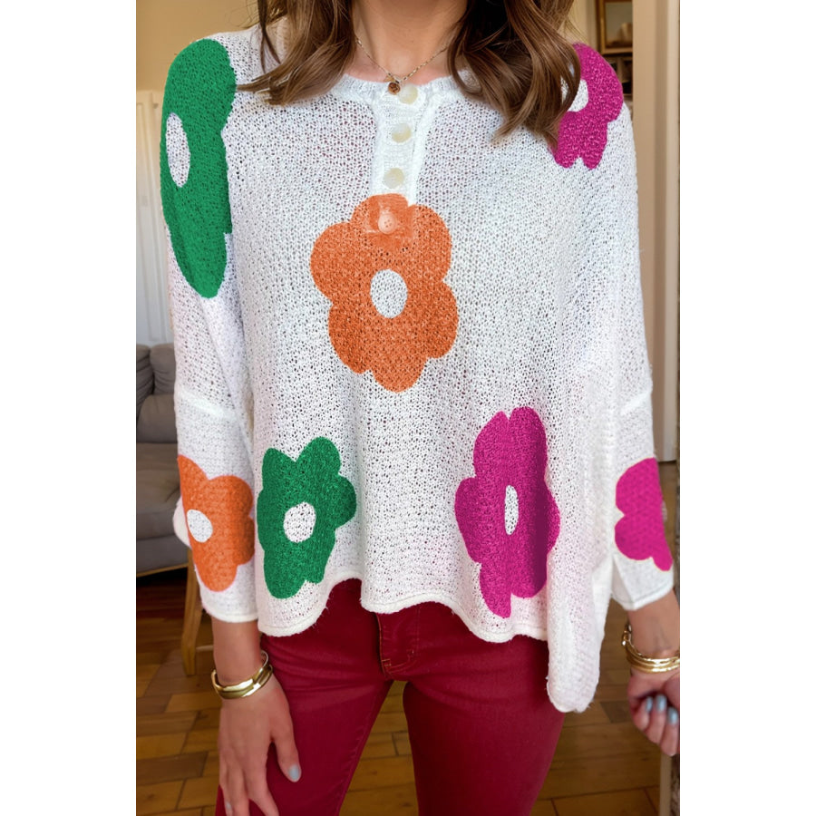 Flower Round Neck Quarter Button Knit Top White / S Apparel and Accessories