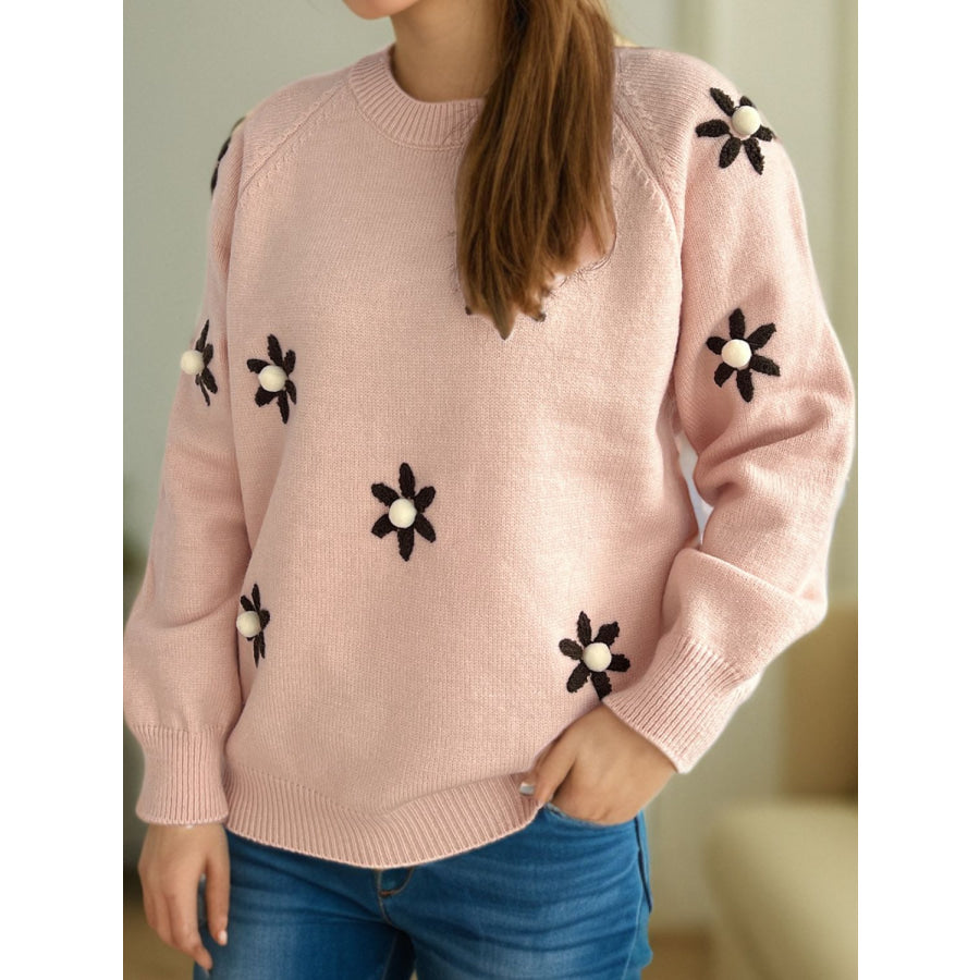 Flower Round Neck Raglan Sleeve Sweater Apparel and Accessories