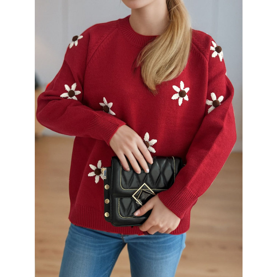 Flower Round Neck Raglan Sleeve Sweater Apparel and Accessories