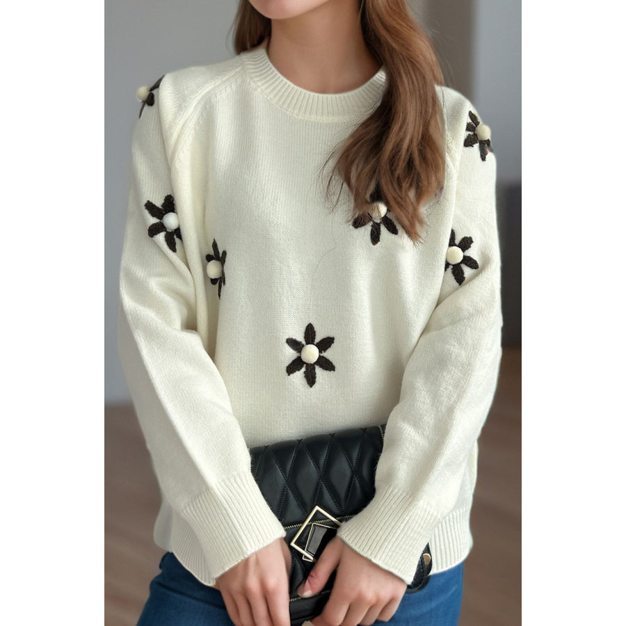 Flower Round Neck Raglan Sleeve Sweater Apparel and Accessories