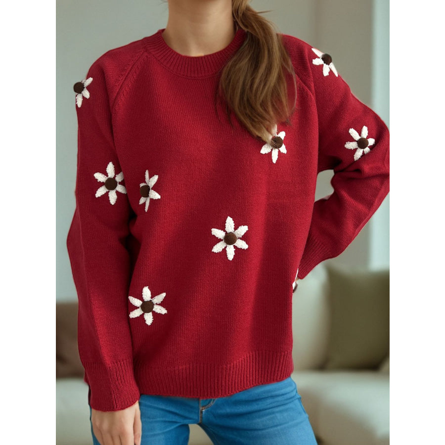 Flower Round Neck Raglan Sleeve Sweater Apparel and Accessories