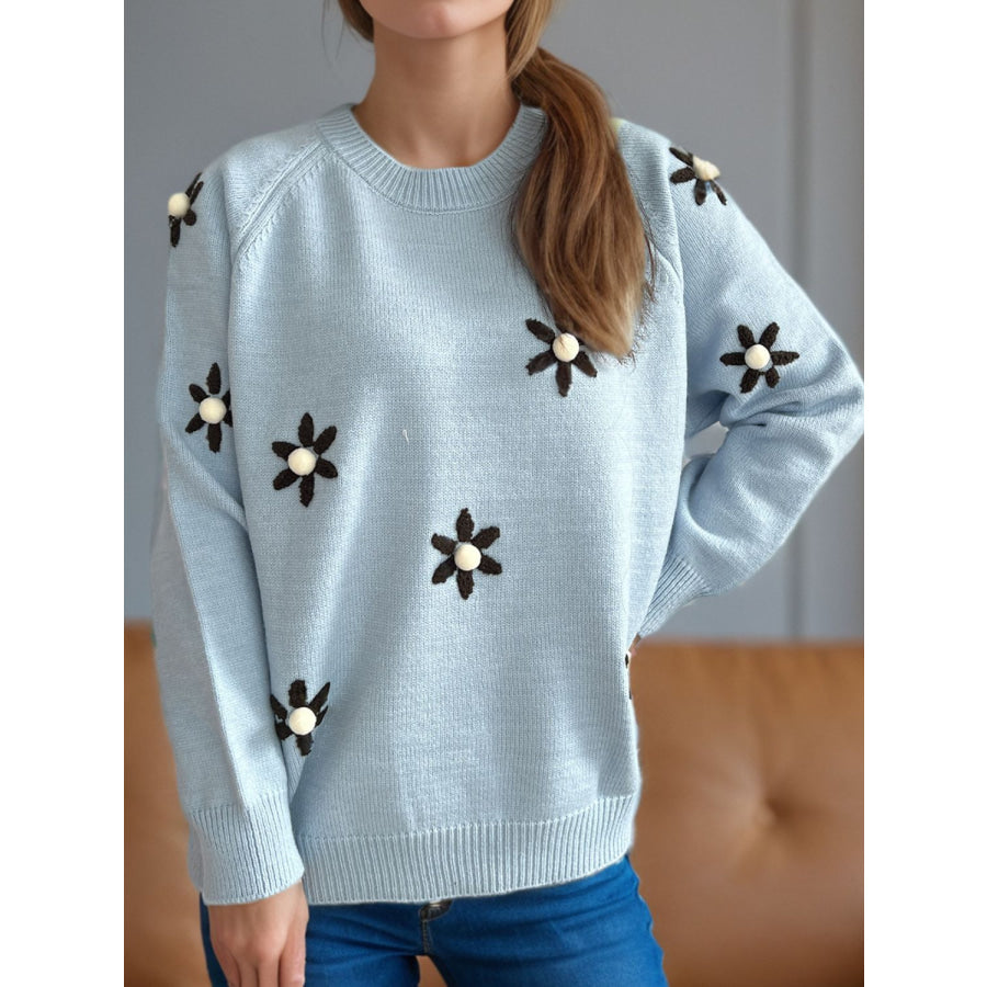 Flower Round Neck Raglan Sleeve Sweater Apparel and Accessories