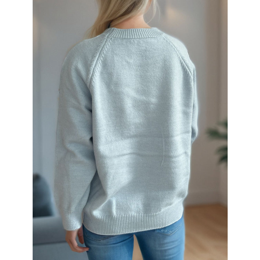 Flower Round Neck Raglan Sleeve Sweater Apparel and Accessories