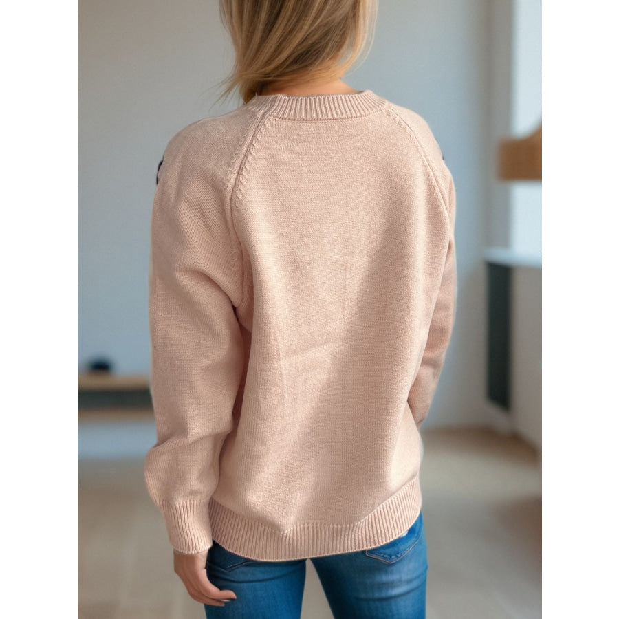 Flower Round Neck Raglan Sleeve Sweater Apparel and Accessories