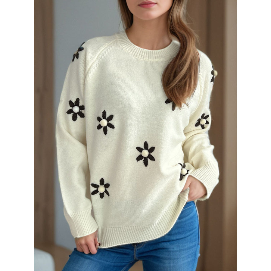 Flower Round Neck Raglan Sleeve Sweater Apparel and Accessories