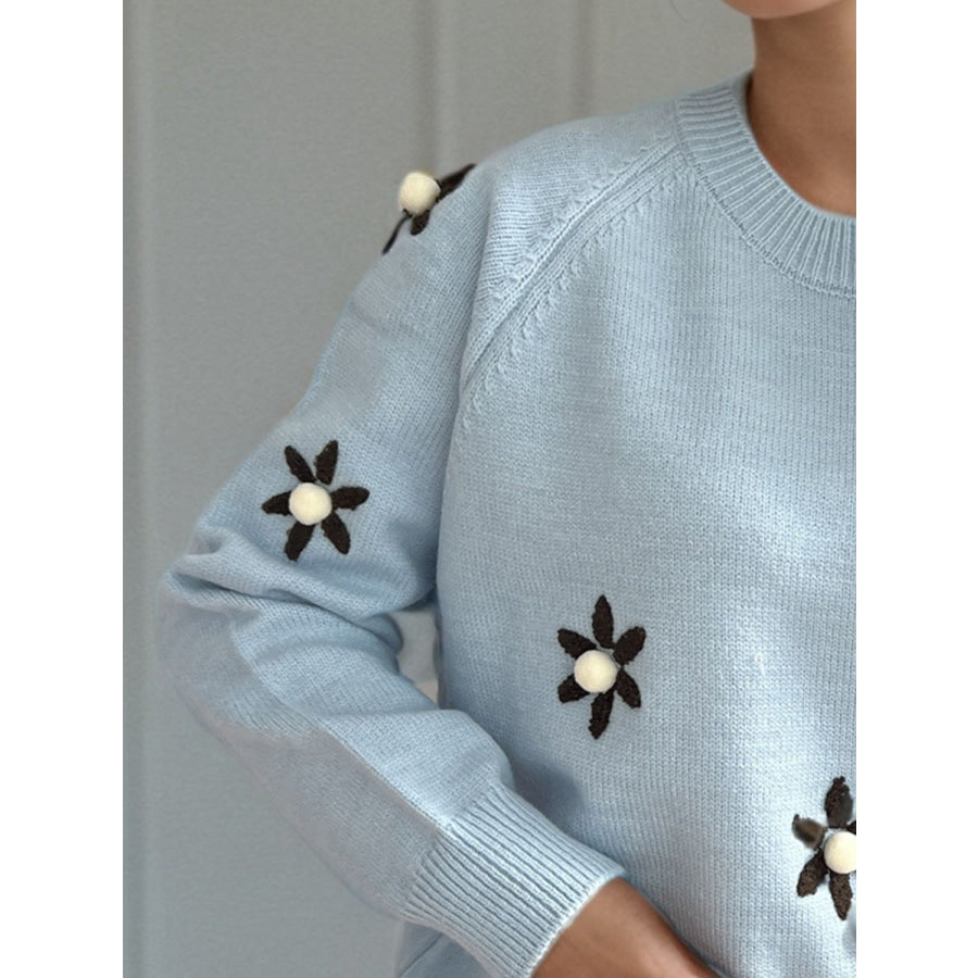 Flower Round Neck Raglan Sleeve Sweater Apparel and Accessories