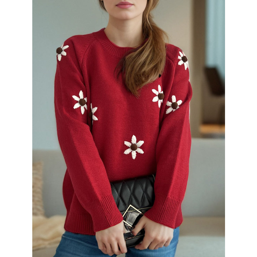 Flower Round Neck Raglan Sleeve Sweater Apparel and Accessories