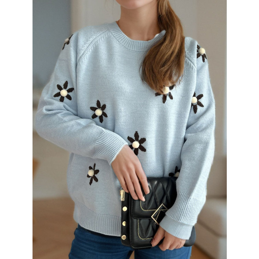 Flower Round Neck Raglan Sleeve Sweater Apparel and Accessories