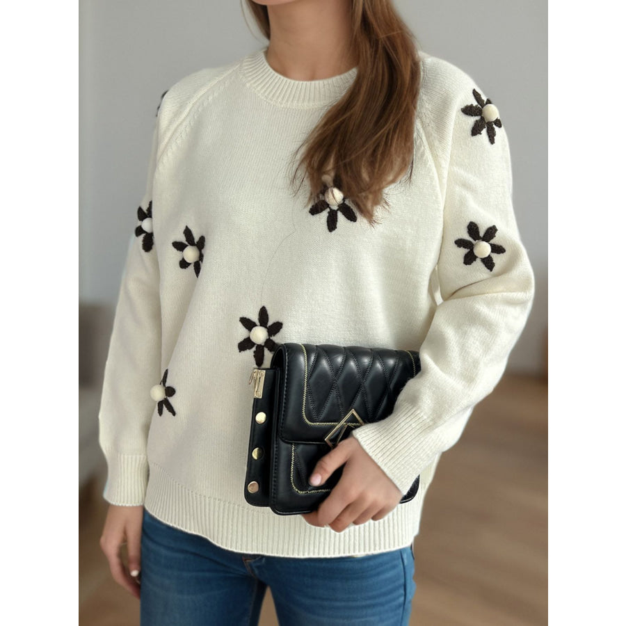 Flower Round Neck Raglan Sleeve Sweater Apparel and Accessories