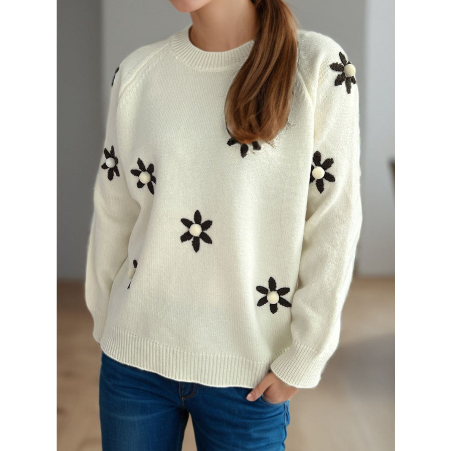 Flower Round Neck Raglan Sleeve Sweater Apparel and Accessories