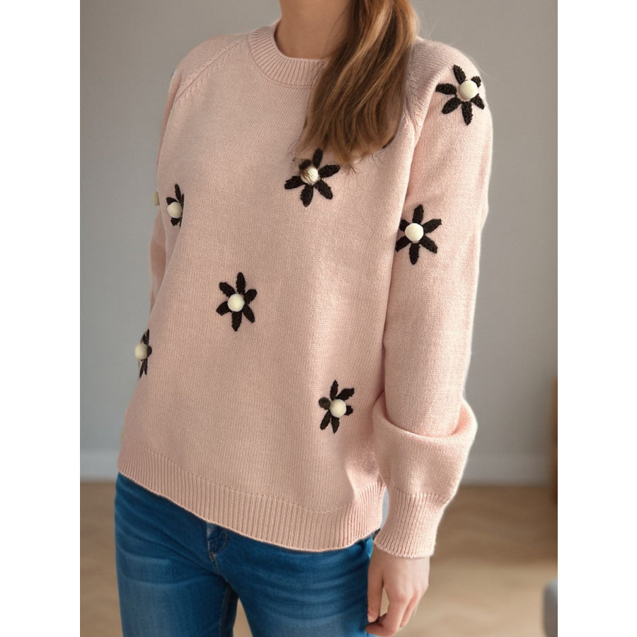 Flower Round Neck Raglan Sleeve Sweater Apparel and Accessories