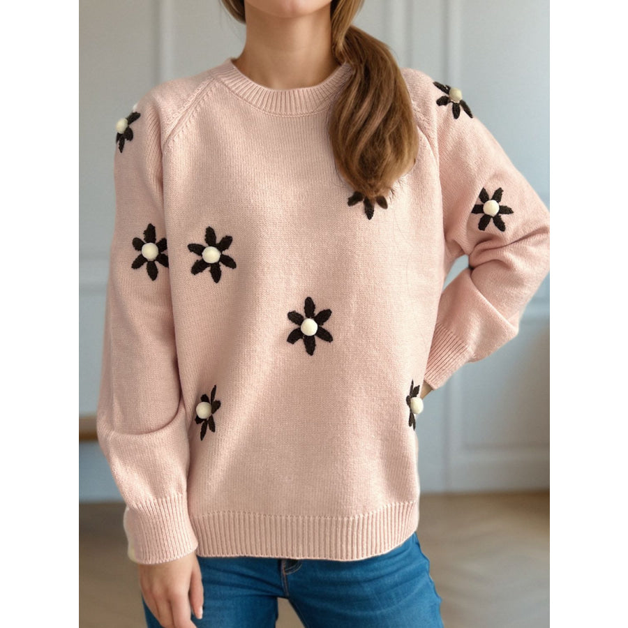 Flower Round Neck Raglan Sleeve Sweater Apparel and Accessories