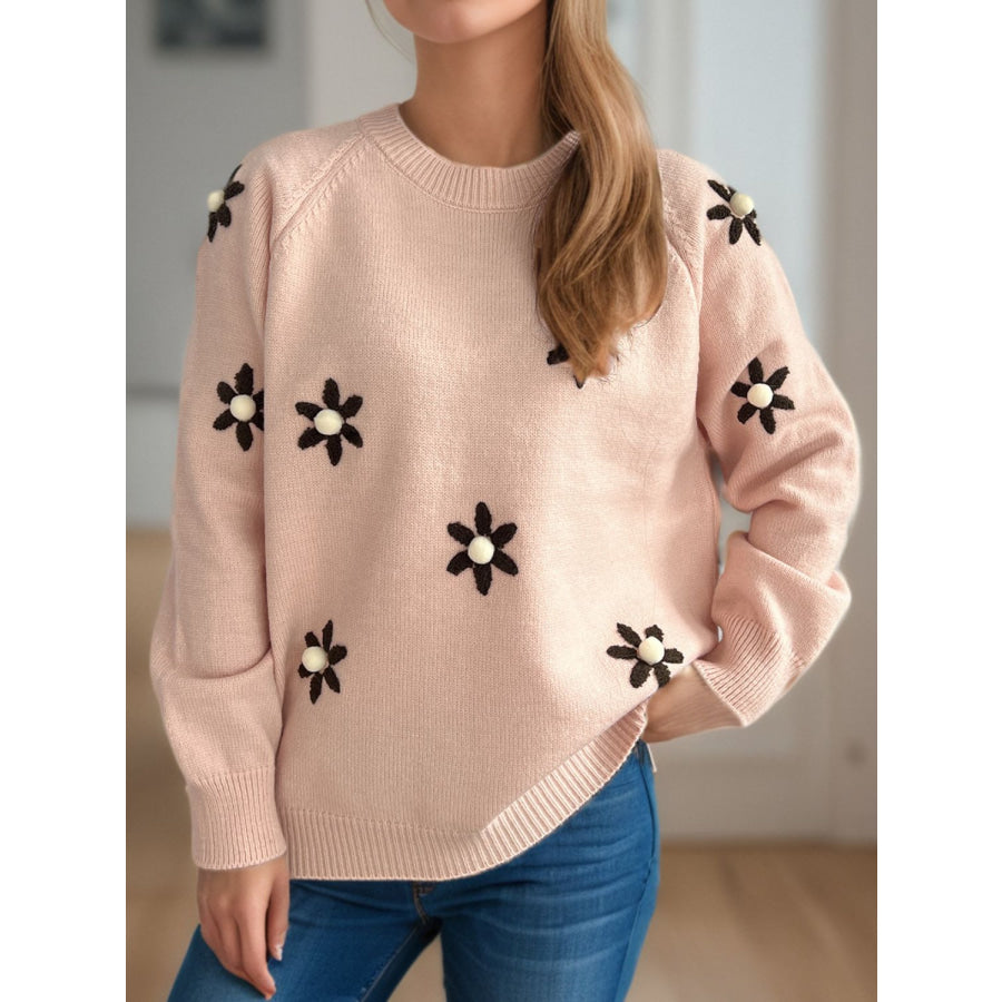 Flower Round Neck Raglan Sleeve Sweater Apricot / One Size Apparel and Accessories