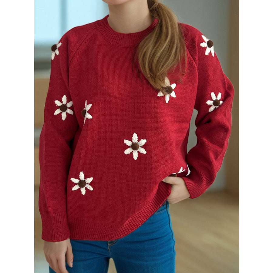 Flower Round Neck Raglan Sleeve Sweater Burgundy / One Size Apparel and Accessories