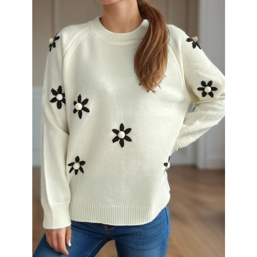 Flower Round Neck Raglan Sleeve Sweater Cream / One Size Apparel and Accessories