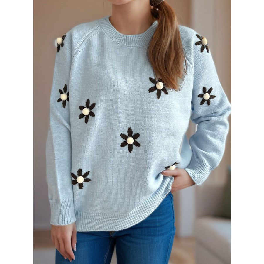 Flower Round Neck Raglan Sleeve Sweater Pastel Blue / One Size Apparel and Accessories